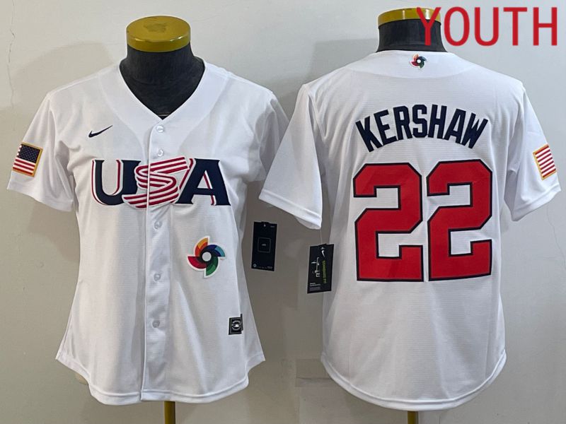 Youth 2023 World Cub USA #22 Kershaw White MLB Jersey1->youth mlb jersey->Youth Jersey